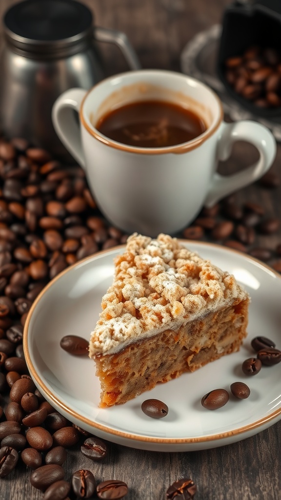 A slice of coffee crumble cake on a plate with coffee beans and a cup of coffee, topped with crumble and powdered sugar.